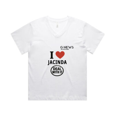I Love Jacinda Women's White V Neck Concept Tee Thumbnail